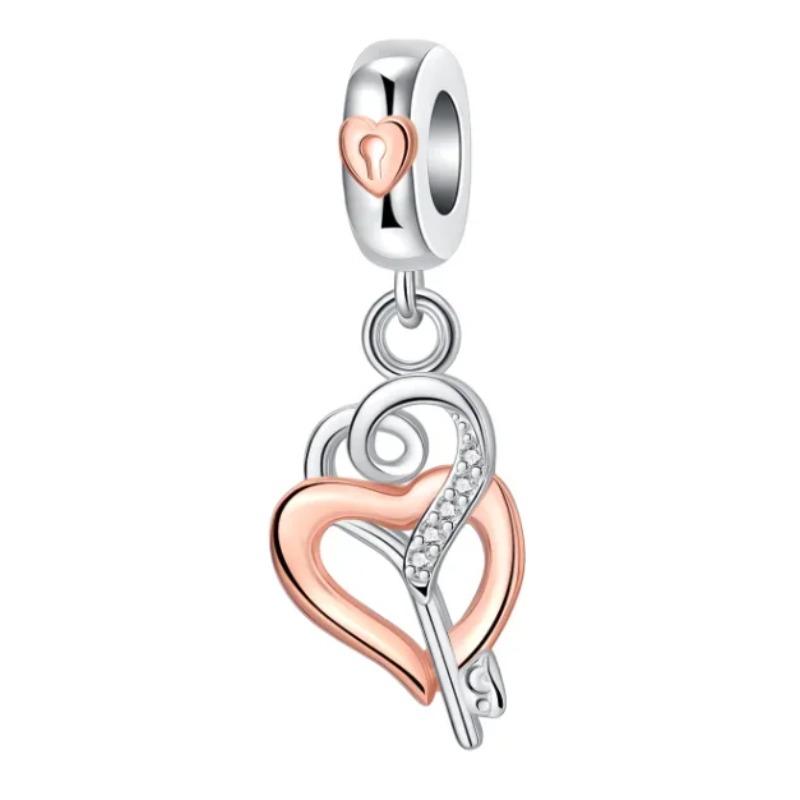 925 Silver Heart Lock Key Charm Pendant for Bracelet Jewelry DIY Gift Dangle Beads Keychain