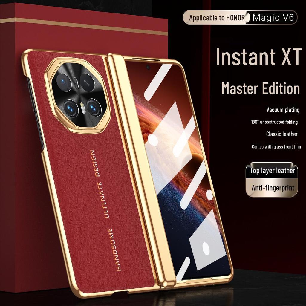 Honor Magic V6 Foldable Case: Built-in Glass Screen, Vacuum-Plated, Plain Leather, Full Coverage, Men’s Design