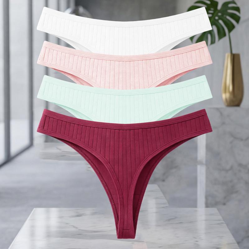 FINETOO 4Pcs/Set Cotton Ribbed Thongs For Women Seamless Solid Color High Quality Underwear Ladies Cozy Breathable Sexy G-String