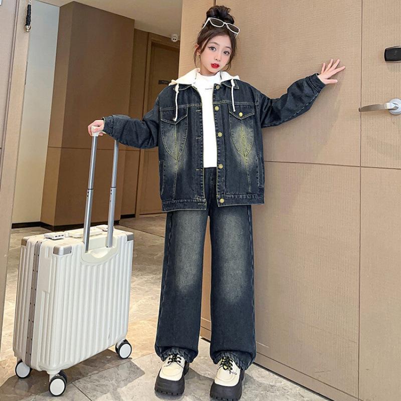 Mädchen Denim-Set, Herbst/Winter-Stil, Kapuzenjacke und Weitbein-Hose Zweiteiler