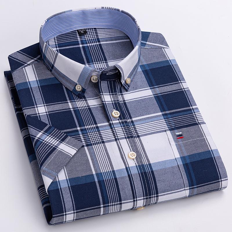 Letnie Nowe Męskie Koszule Oxford Krótki Rękaw 100% Bawełna Kratka Miękkie Regularny Krój Formalna Koszula Elegancka Koszula Społeczna Odzież Męska