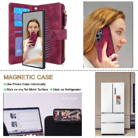 Lacass Case Wallet for Samsung Galaxy S25 Ultra, [12 Card Slots] ID Credit Cash Holder Zipper Pocket Detachable Leather Wallet Cover with Wrist Strap