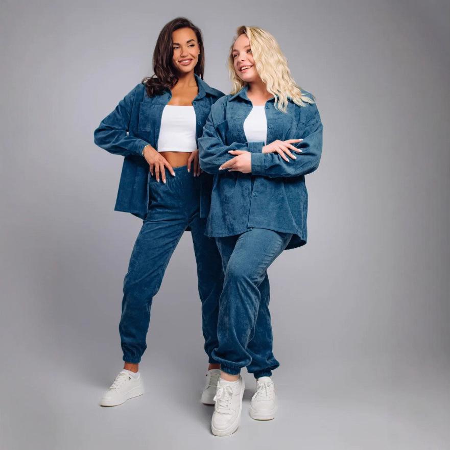 2026 Retro Plus Size Corduroy Lapel Shirt & Loose Pants Set for Women