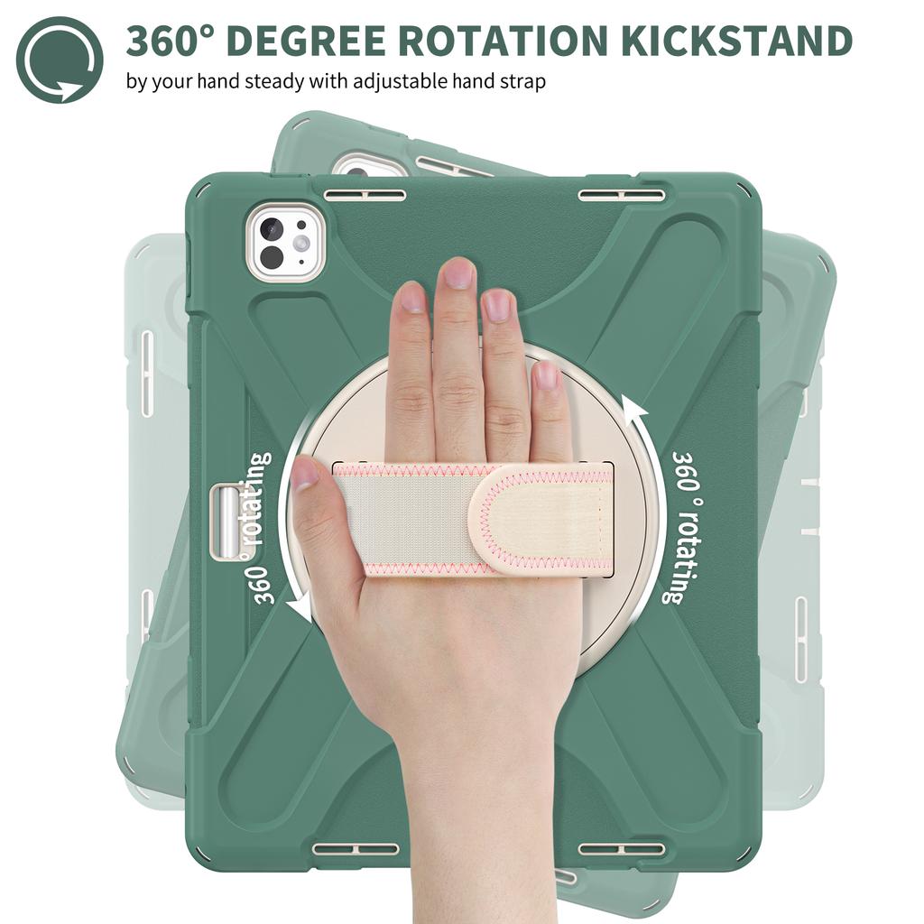 For iPad Pro 11 (2025)/11 (2024) Case Rotary Kickstand PC+Silicone Hand Strap Tablet Cover
