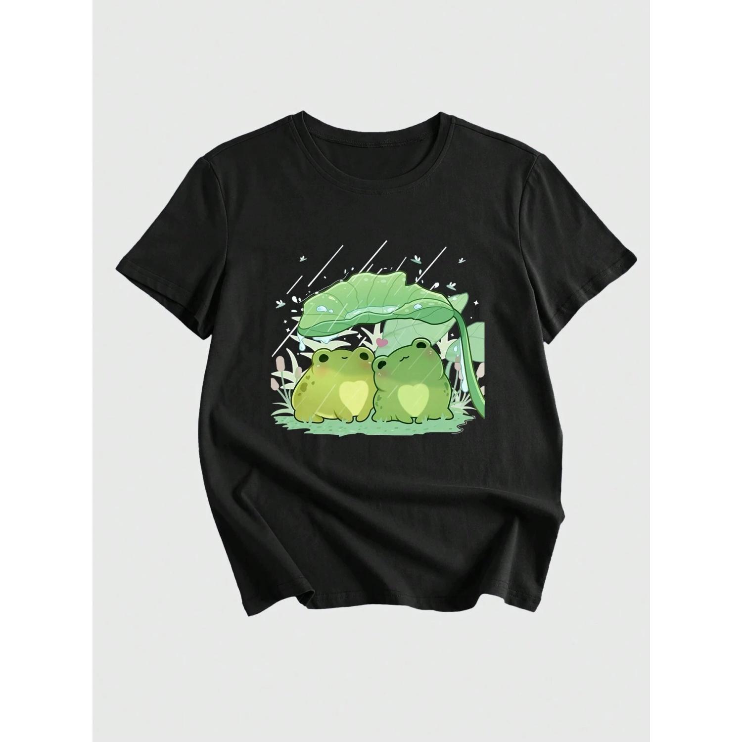 

Two Frogs Sheltering From The Rain Printing Womens T-Shirts Fashion Cute Tshirts Comfortable Clothing Breathable T Shirt Female S