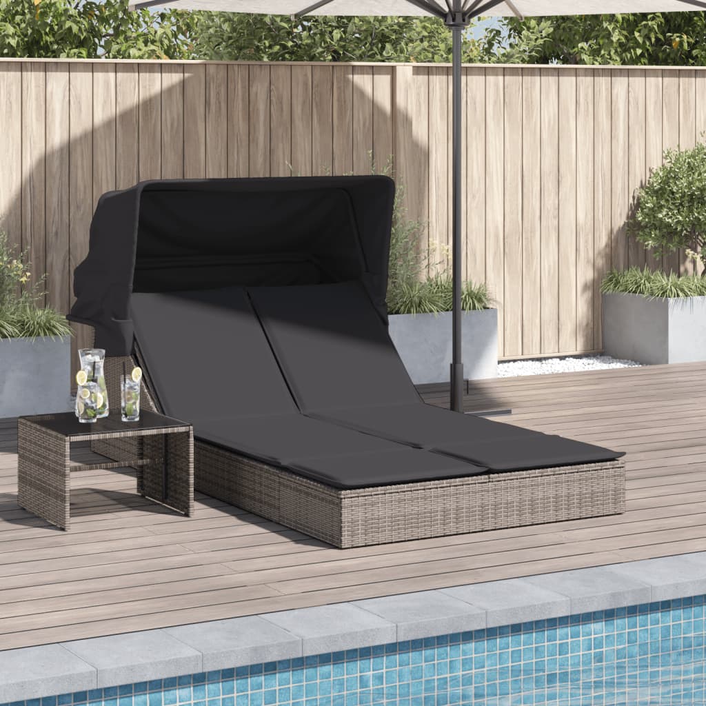 Vidaxl Doppelliege mit Dach und Kissen, Grau, Polyrattan