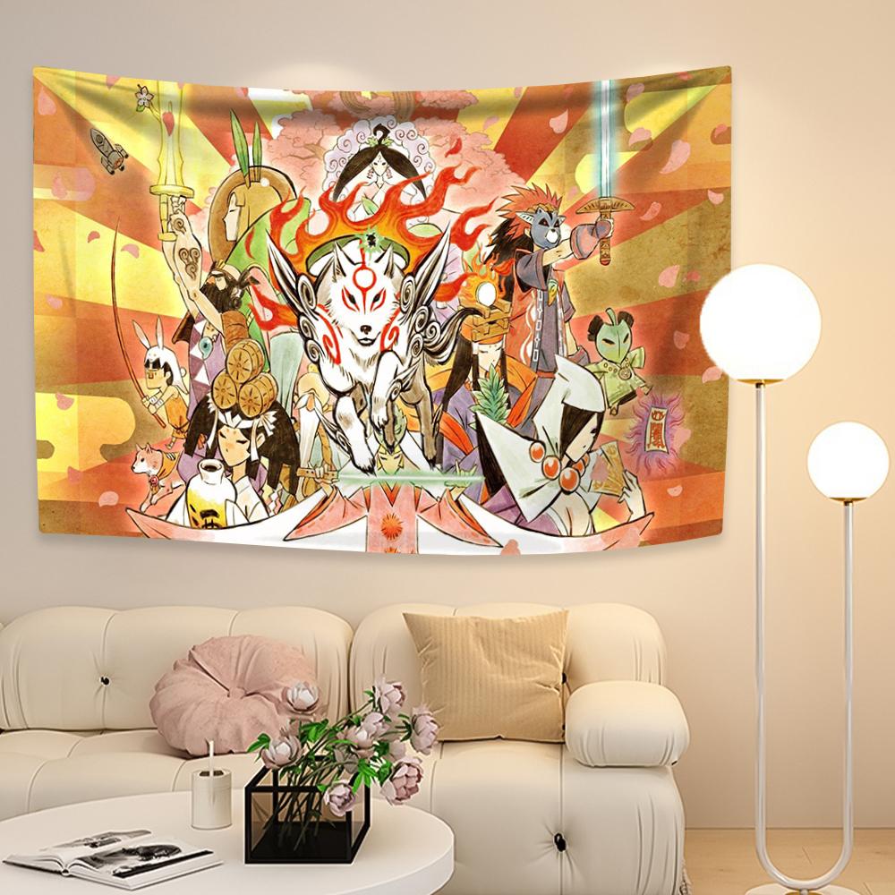 Okami Game Tapestry The Fire Wolf And Sun Art Flag Digital Prints Wall Hanging Covering For Bedroom Dorm Home And Garden Decor