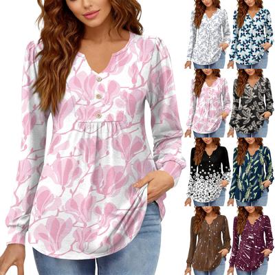 Camiseta Feminina Relaxada, Gola V, Cor Vintage, Bloqueada com Estampa Floral, Manga Longa, Pulôver