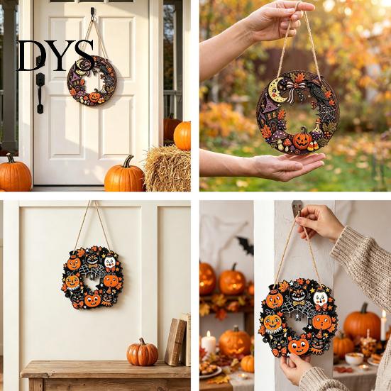 Halloween Theme Party Supplies Wooden Hollow Round Hanging Sign, Pumpkin Spider Web Haunted Ghost Bat Ornaments House Ornament with Hemp Rope, Festive