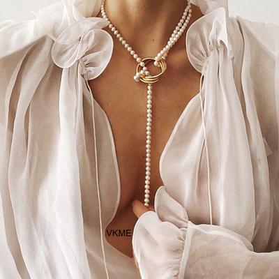 VKME Bohemian Long Pearl Chain Necklace Fashion Jewelry Pendant Long Chain Party New