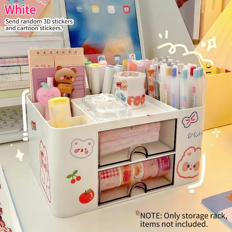 Large Capacity Desk Organizer with Cute Stickers Patches Desk Drawer Storage for Makeup Brush Office School Supplies Organizer