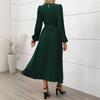 Dress for Women with Long Sleeves Pleated Round Neck, High Waist Long Dress