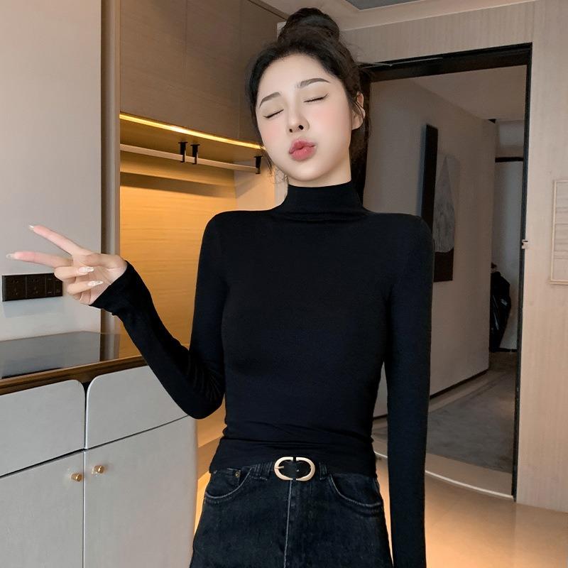 Black Semi-turtleneck Threaded Bottoming Shirt Women's New Slim-fitting and Thin Long-sleeved Shirt Women's Top