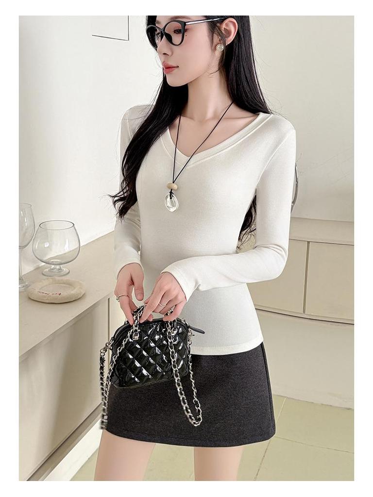 T-shirt Noir à Manches Longues et Col en V pour Femme avec Velours Intérieur, Collection Automne/Hiver 2025, Haut de Sous-vêtement Polyvalent