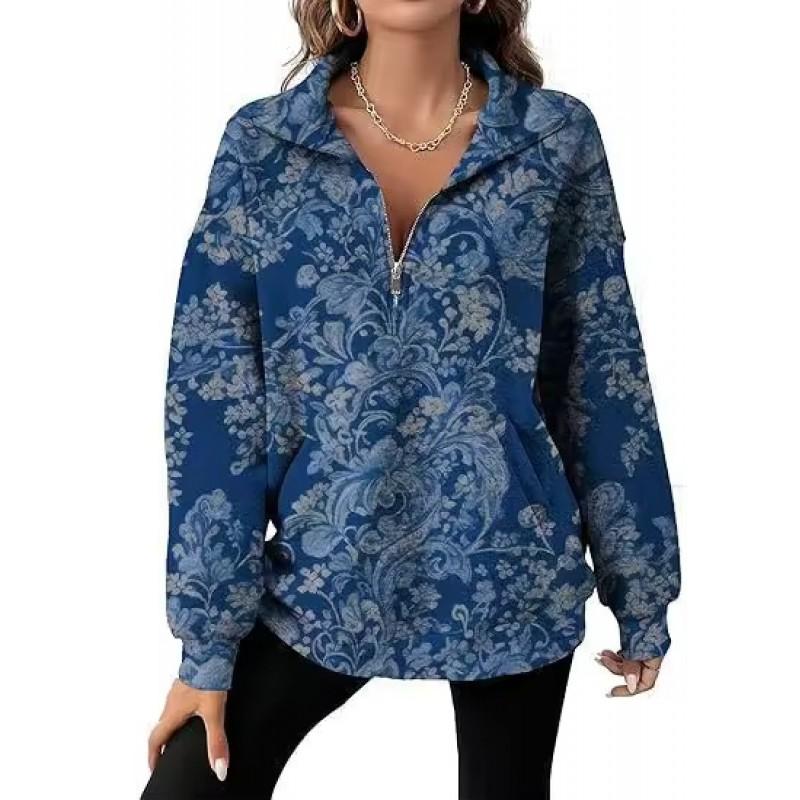 Womens Oversized Long Sleeve Pullover Top With Floral Print Half-Zip Collar Casual Cotton Sweatshirt