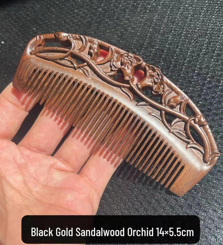 Engraved Green Sandalwood Comb - Black Gold Carved Design, Gift Box Included