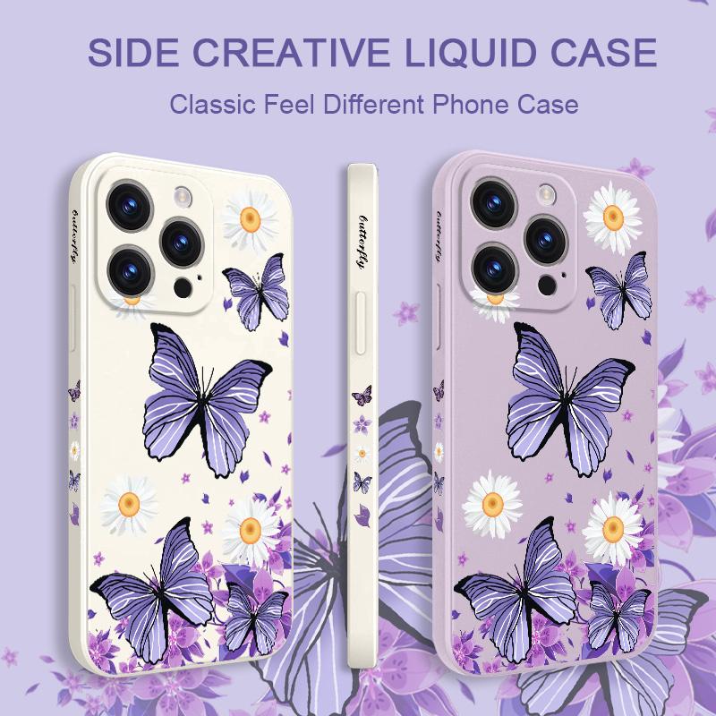 Butterfly Daisy Pattern Soft Liquid Silicone Fall Prevention Case Cover For iPhone 16 16e 15 Pro Max 14 Plus 13 12 11 X Xs Max 7 8 6 SE2 SE3