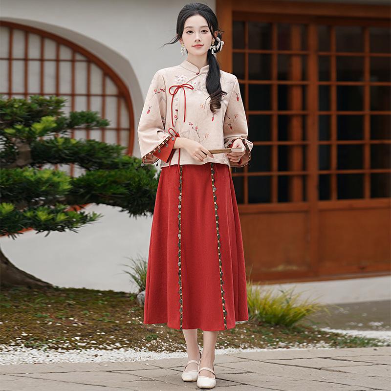2024 Autumn/Winter Chinese Style Retro Tang Suit Hanfu Cheongsam Top & Tea Set