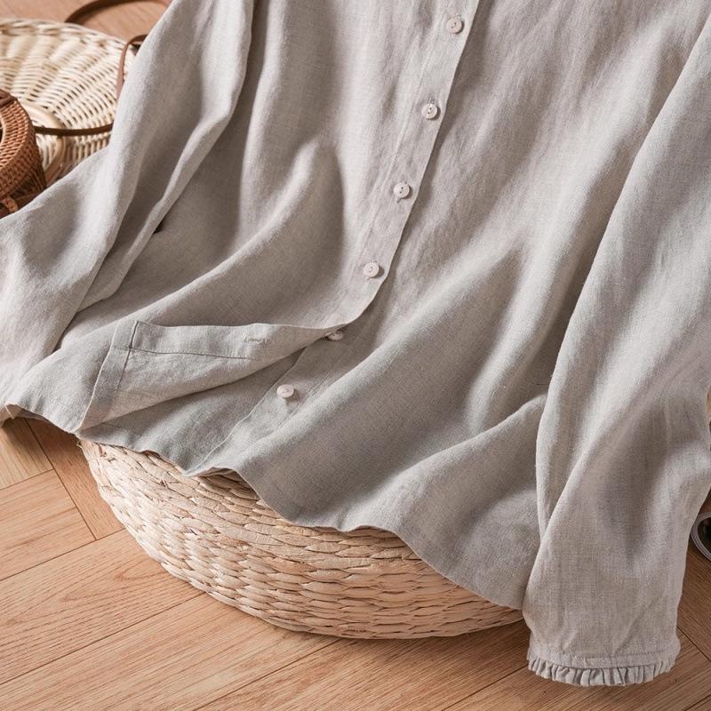 Autumn 2025 Cotton Linen Ruffle Trim Retro Long Sleeve Blouse
