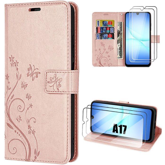 Coque de Protection - BOOLING - Samsung Galaxy A17 5G/4G - Flip Case Cuir PU Plante Rose - 2 Vitres