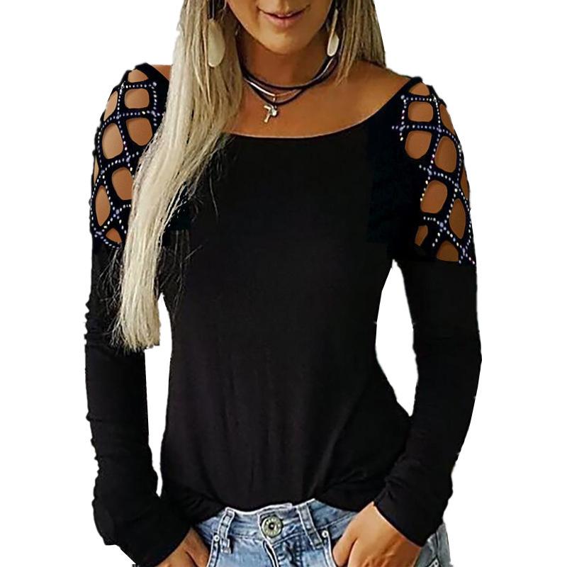 Women S Long Sleeve T Shirt With Rhinestone Hollow Design