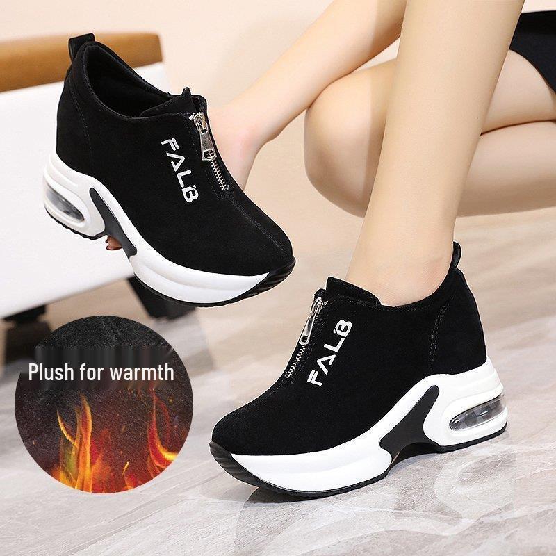 Korean Style Women's Thick-Soled Suede Sneakers with Air Cushion and Zipper for Autumn and Winter