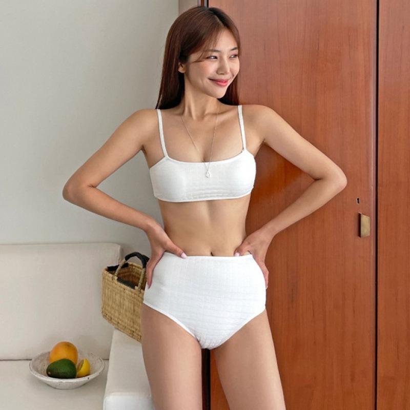 South Korea's new bikini sexy backless small breasts gather high waist to cover the belly and look thin, simple solid color split swimsuit women