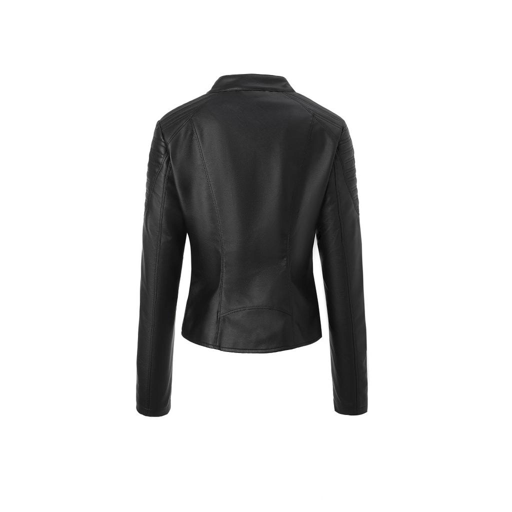 Women's PU locomotive leather jacket stand-up collar zipper placket shoulder hem quilted slim fit short spring autumn and winter short slim fit