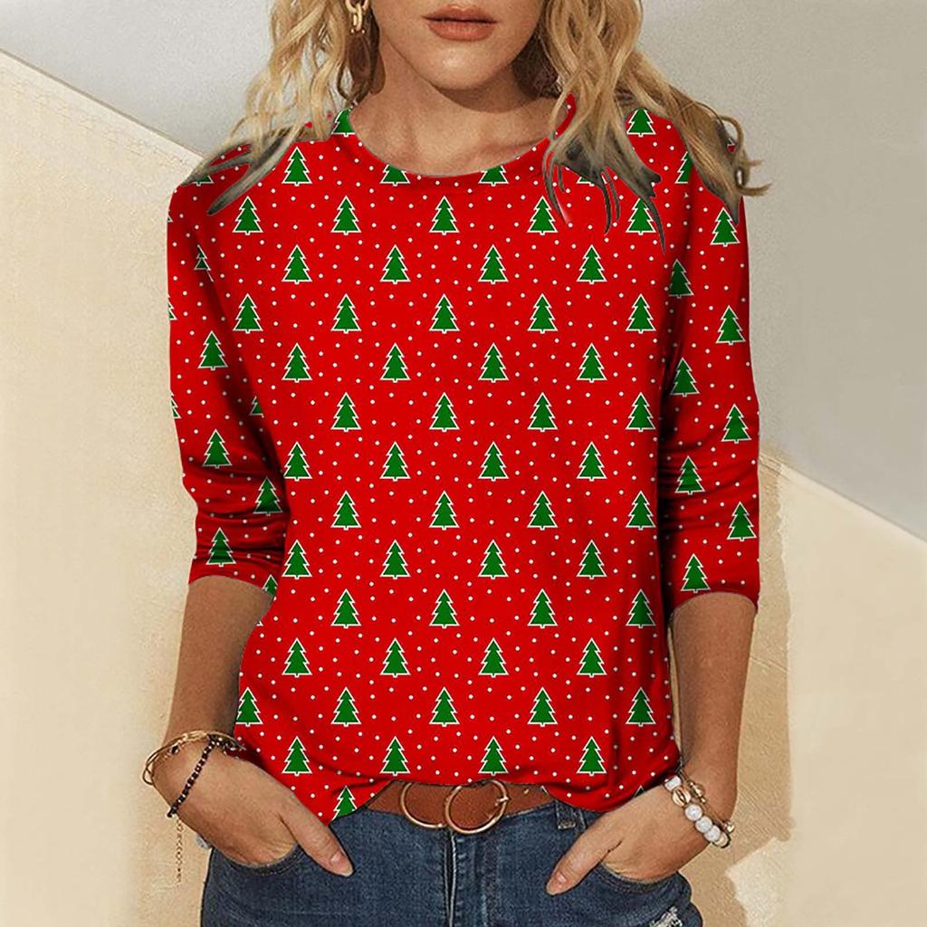 Damen-T-Shirt mit modischem Weihnachtsdruck, lässig, langärmelig, Rundhalsausschnitt