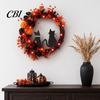 Halloween Floral Hanging Decoration Garland, with String Lights, Black Cat Silhouette Glow Moon Lights Wreath, for Front Door Indoor Outdoor