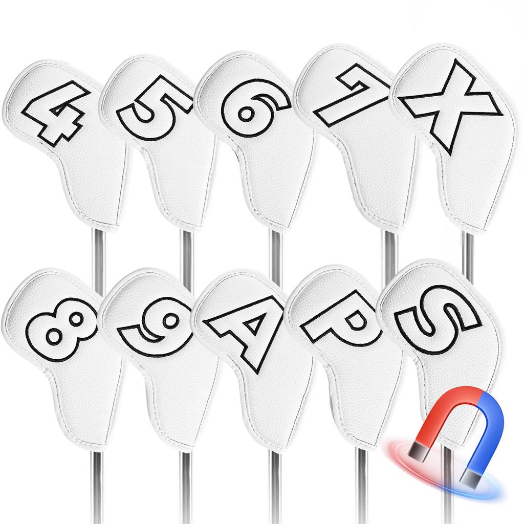 FINGER TEN Golf Iron Magnetic Wedge Premium PU Number Embroidery Covers, 10-Piece Set, Closure, Cover, Leather, Water-Repellent, Dustproof,