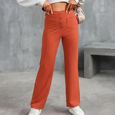 High Waist Casual Straight Pants Streetwear Elastic Fashion Womens High Waist Button Pocket Loose Pants Women Clothing 30289