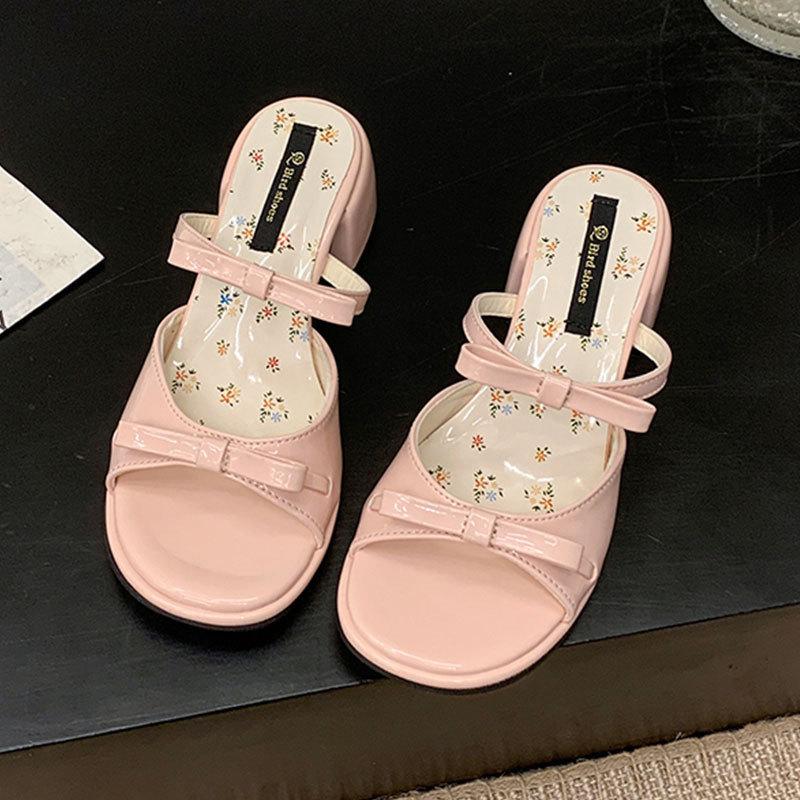 One Word with Sandals Women's Summer New Thick Heel with Skirt Bow Wear High Heel Cool Slippers