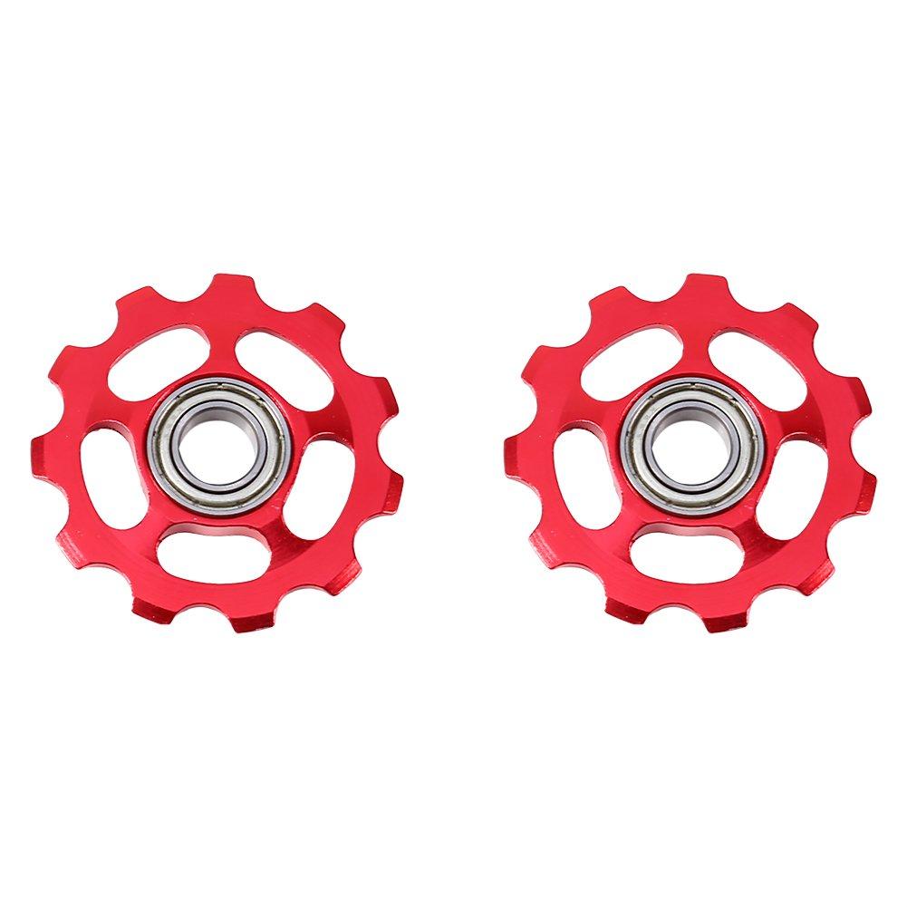 Bicycle rear derailleur pulley 11T aluminum alloy guide mountain bike jockey wheel speed bearing transmission 2 pieces (red) tension pulley.