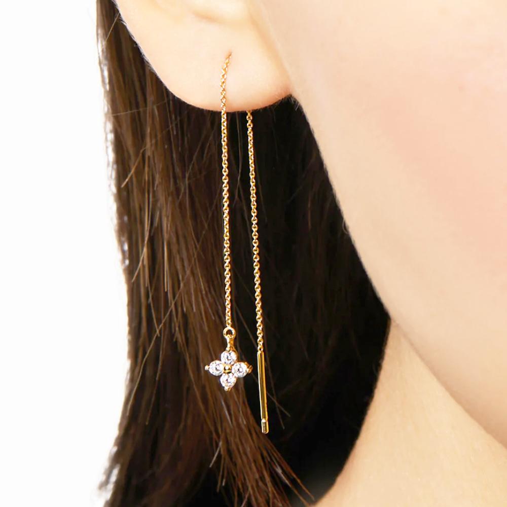 Fashion 925 Sterling Silver Tassel Chain Flower Small Zircon Gold Plated Stud Earring Jewelry for Women