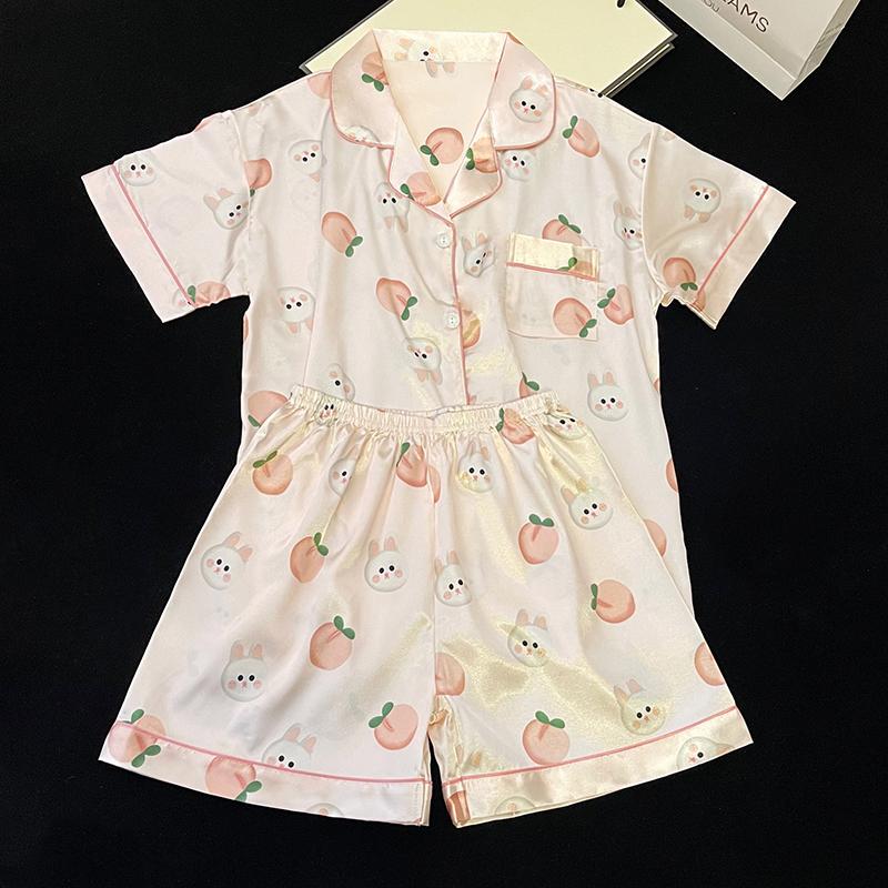 Koreanisches 2-teiliges Damen-Set, Frühling/Sommer, Kurzarm-Pyjama für Damen, Seidenmode, Nachtwäsche, hübscher Cartoon-Print, rosa Satin-Pyjama-Set für junge Mädchen