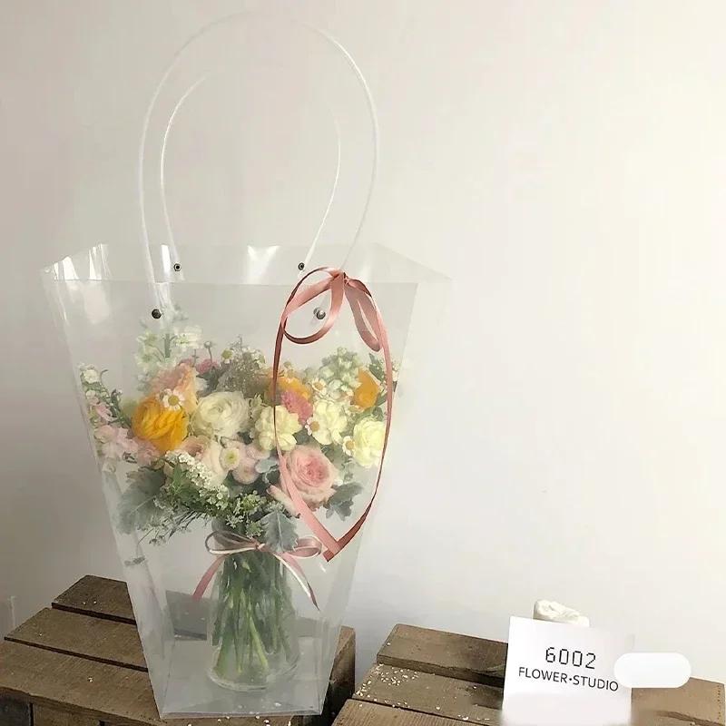 10piece A Trapezoidal Transparent Flower Handbag Waterproof OPP Square Handheld Flower Bag Gift Bouquet Packaging Handbag