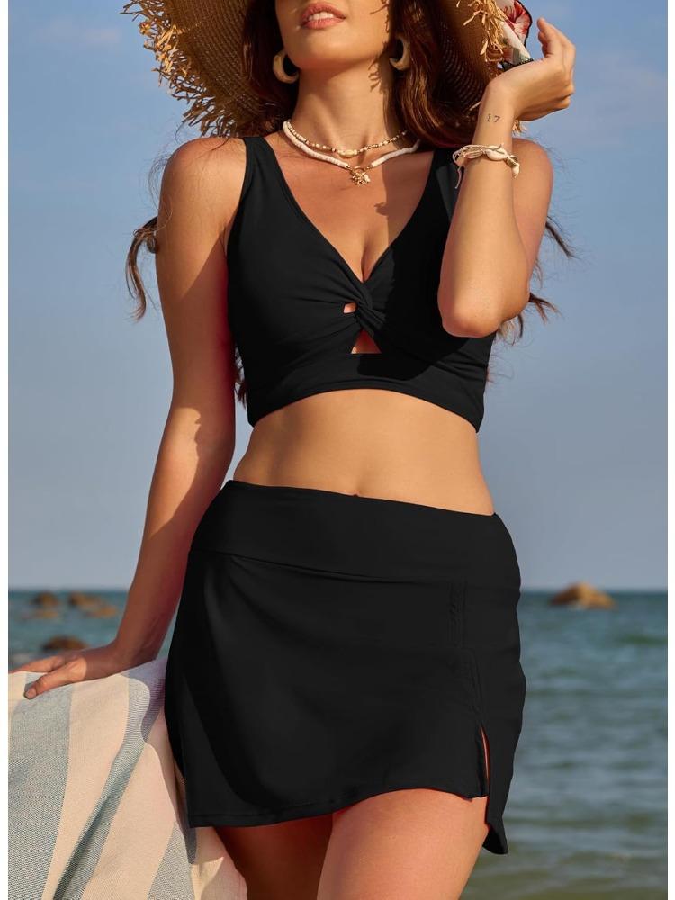 Solid Push Up High Waist Skort Sexy Two Piece Bikini Set Elegant Slimming
