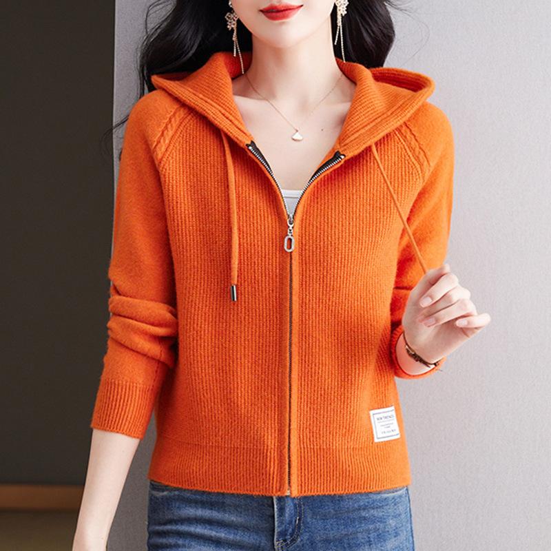 New Hooded Zipper Casual Style Knitted Cardigan Women's Short Spring and Autumn Outerwear Hoodie Sweater Solid Color Coat