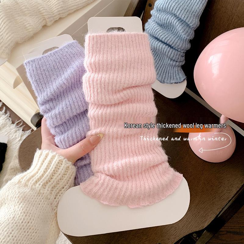 Children's Woolen Lace Ruffle Calf Covers – Warm, Thick, Solid Color for Autumn & Winter