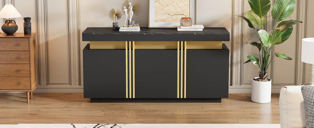140*38*70cm Modern Black Sideboard Display, 3 Doors, Dining Cabinet with Adjustable Partitions, Wide Handle-free Compartments