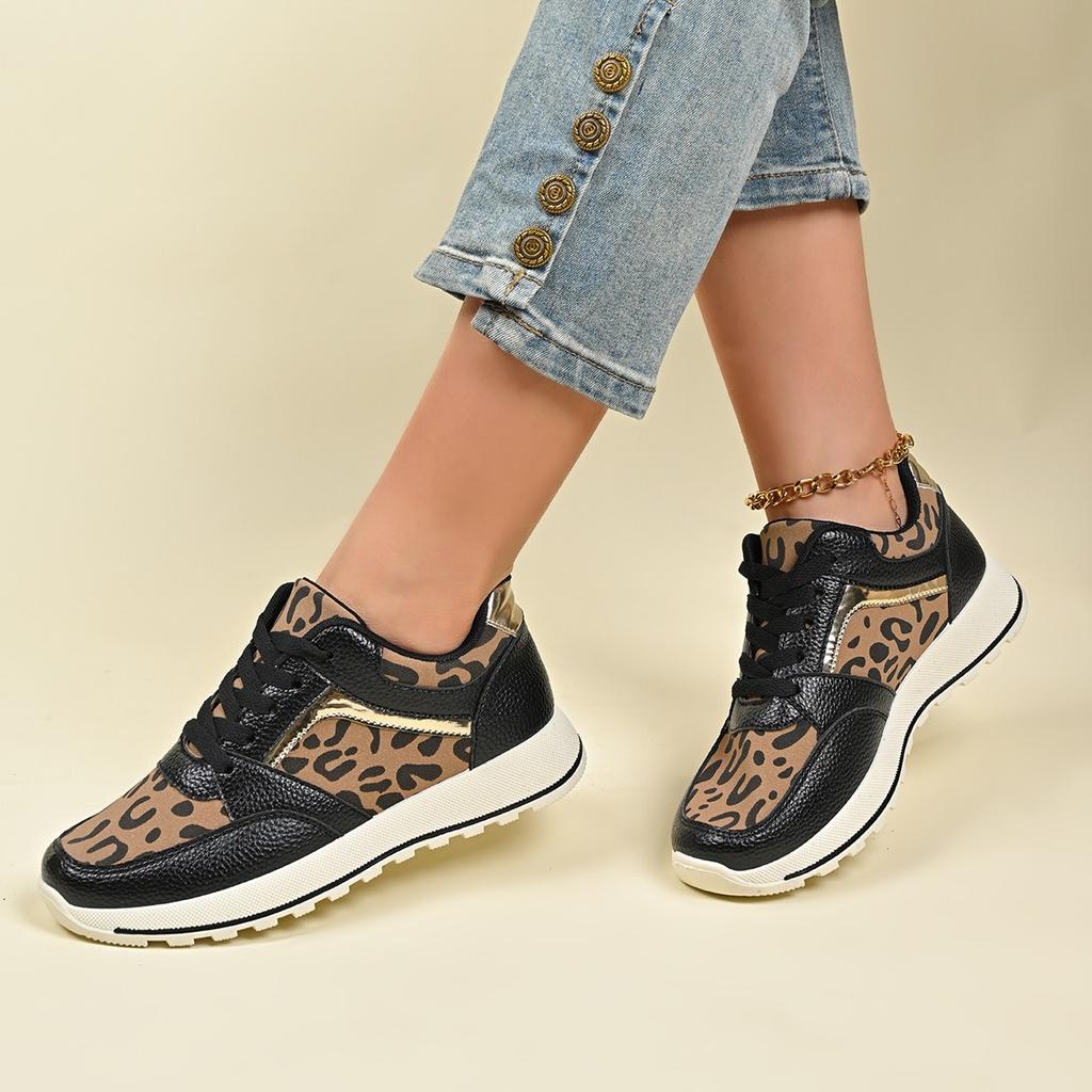 Autumn New Flat-bottomed Leopard Print Lace-up Casual Sports Shoes Women's Foreign Trade Large-size Four-season Single Shoes Running Shoes