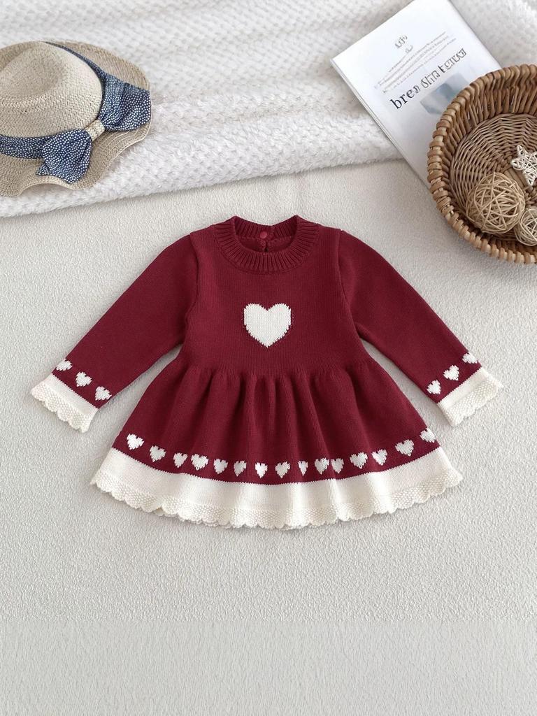 Girls' 100% Cotton Heart Jacquard Long Sleeve Princess Dress for Spring & Autumn