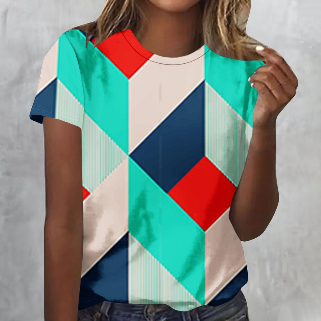 Summer Round Neck 3D Geometric Figure Print Top Fashionable Casual Short Sleeved Women's T-shirts
