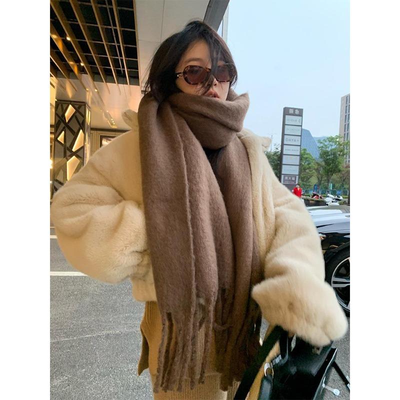 Autumn and Winter Velvet Feel Long Warm Tassel Brushed Large Scarf for Women Solid Color Versatile