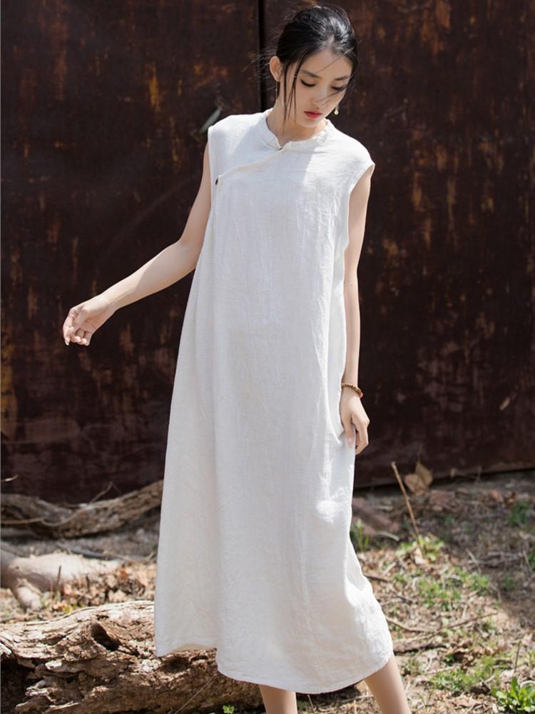 Johnature Women Vintage Dresses Stand Sleeveless Robes Summer Tie-dye Chinese Style A-line Dress