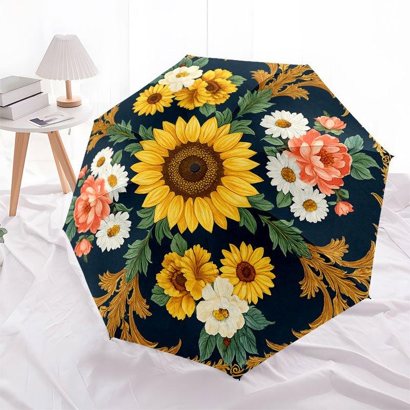 Vintage Floral Round Rug, Elegant Sunflower DesignUmbrella with Cute Design, Portable 3-Fold Compact Umbrella for Men & Women, Valentine's Day Mother'