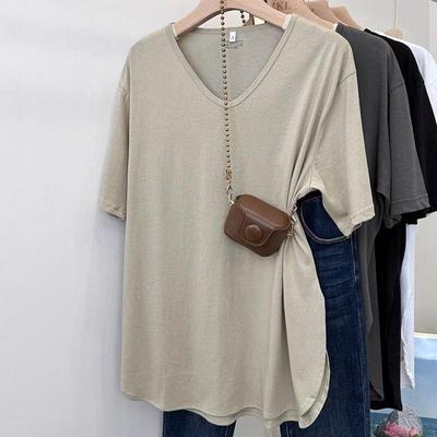 Junbie Damen Übergröße Lockerer V-Ausschnitt Kurzarm T-Shirt