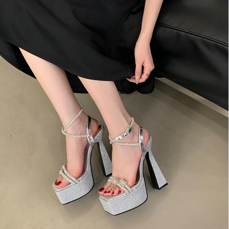 New 15CM Ultra-high Heel Thick Heel Waterproof Table Square Head Sequined High Heel Sandals