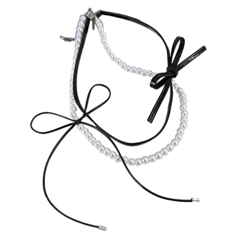 

Fashionable Leather Bowknot Pendant Necklace Double Layer Collarbone Choker Chic Chain Jewelry for Women and Girls чорний